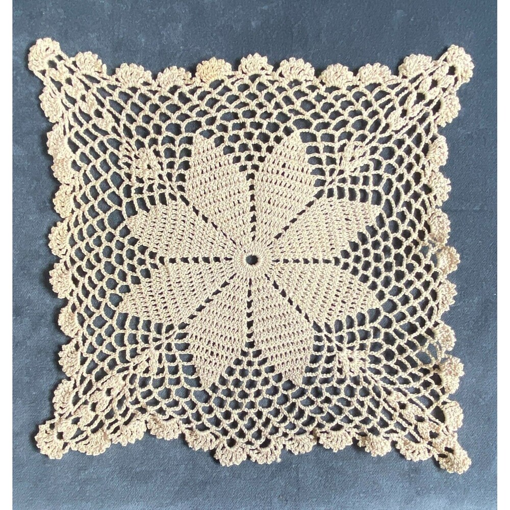 Vintage Crocheted Square Beige Doily
